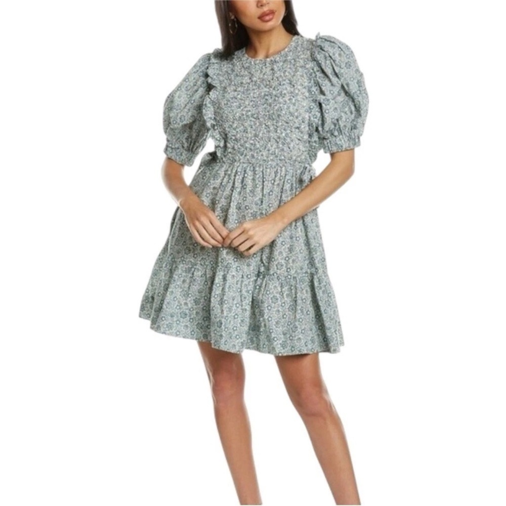 SEA by New York Smocked Ida Puff Sleeve Sage Green Floral Mini Dress